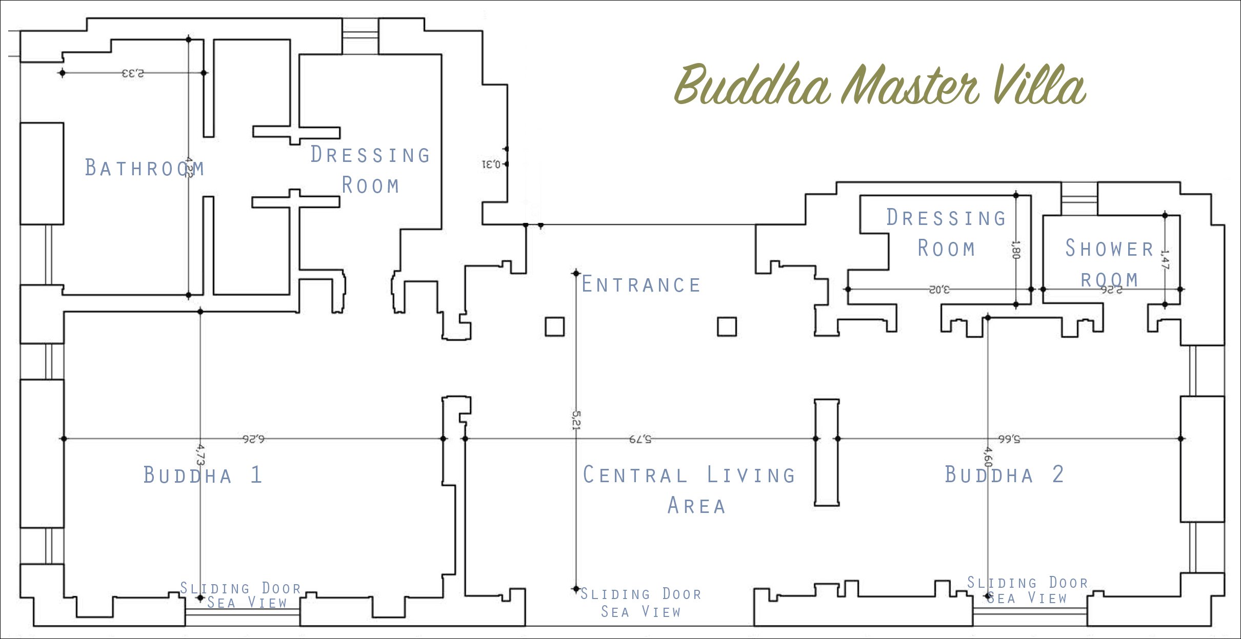 The floor plan of Buddha Villa: two bedroom suites either side of the central living area, each with a sliding door to the sea view